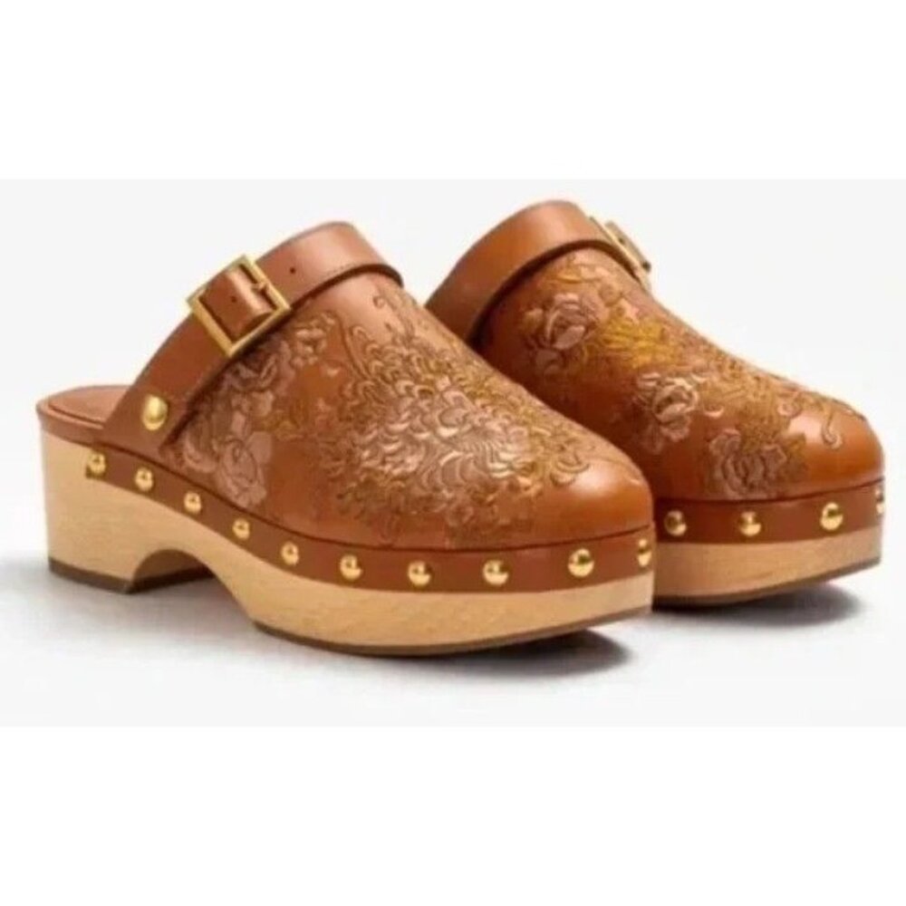 Johnny Was Leather Embroidered Clogs Platform Stud Wood Heel Size 6 New